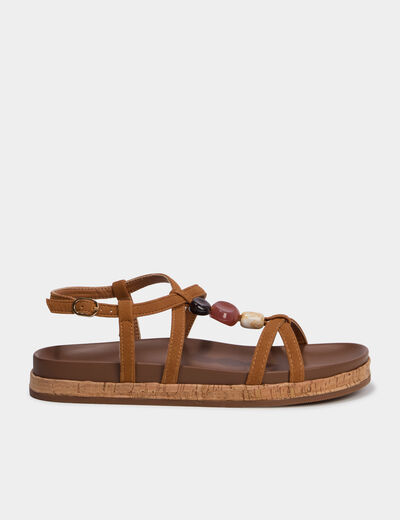 Sandales plates avec d&eacute;tails perles marron femme