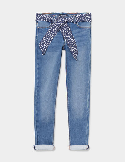 Jean stretch skinny ceinture foulard denim stone fille