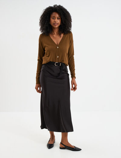 Jupe effet satin midi évasée noir femme