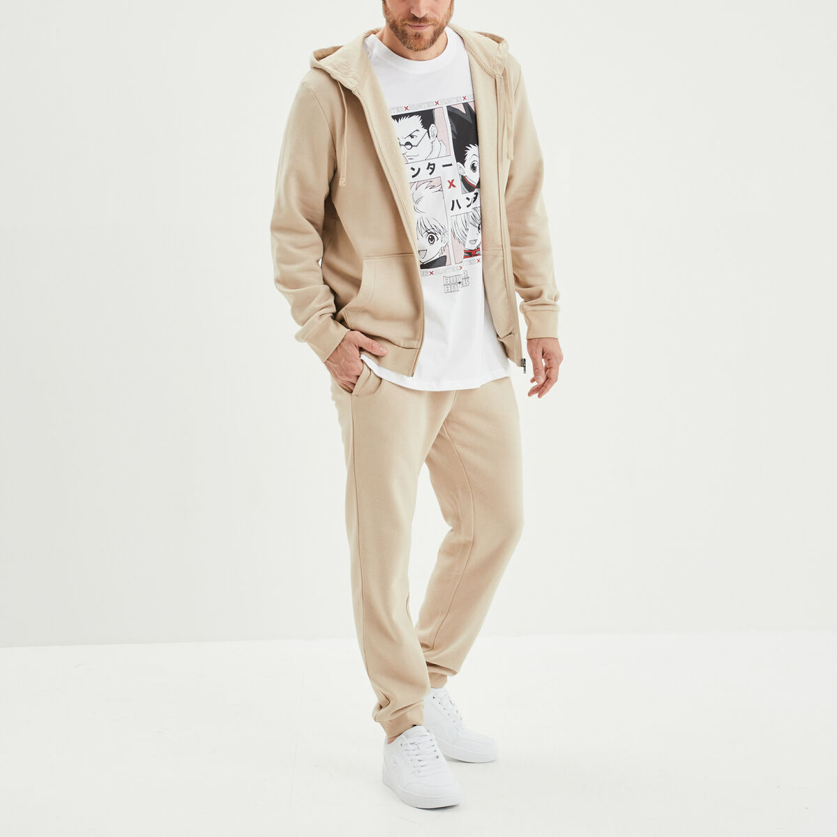 Pantalon jogging droit molleton beige homme