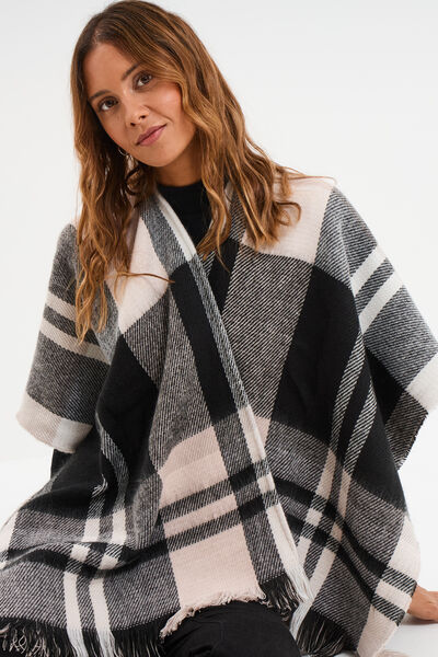 Poncho &agrave; franges mi-long noir femme