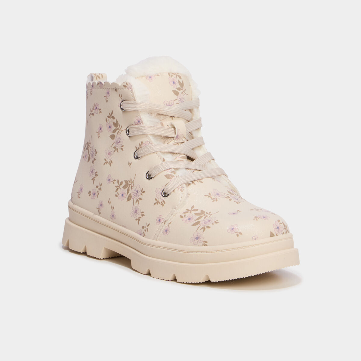 Boots fourr&eacute;es et crant&eacute;es &agrave; lacets creme fille