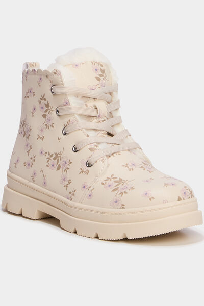 Boots fourr&eacute;es et crant&eacute;es &agrave; lacets creme fille