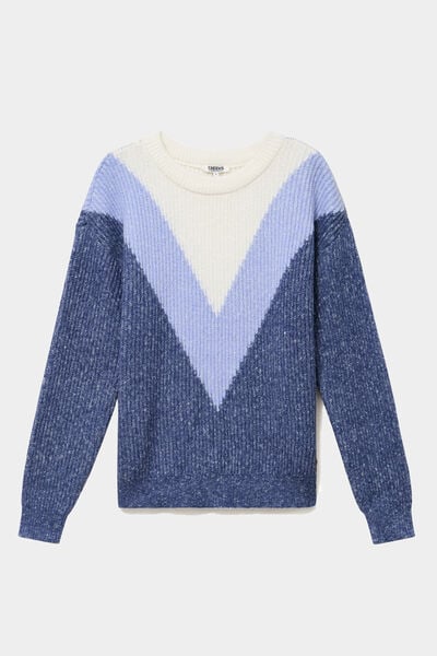Pull manches longues col rond bleu femme