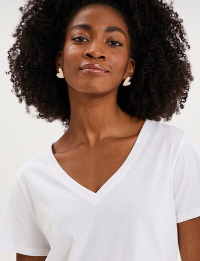 T-shirt manches courtes col en V coton blanc femme