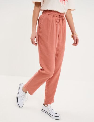 Pantalon droit 7/8&egrave;me lin m&eacute;lang&eacute; terracotta femme