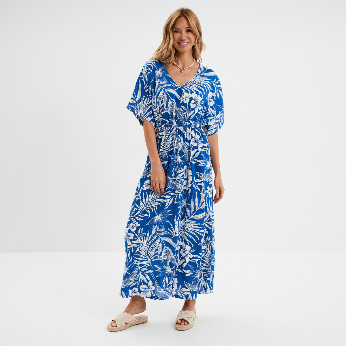 Robe midi col en V manches courtes bleu electrique femme