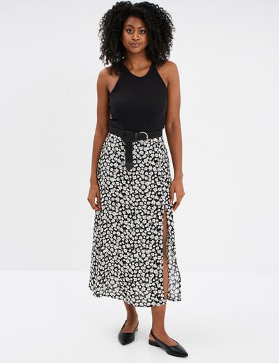 Jupe midi fendue fluide noir femme