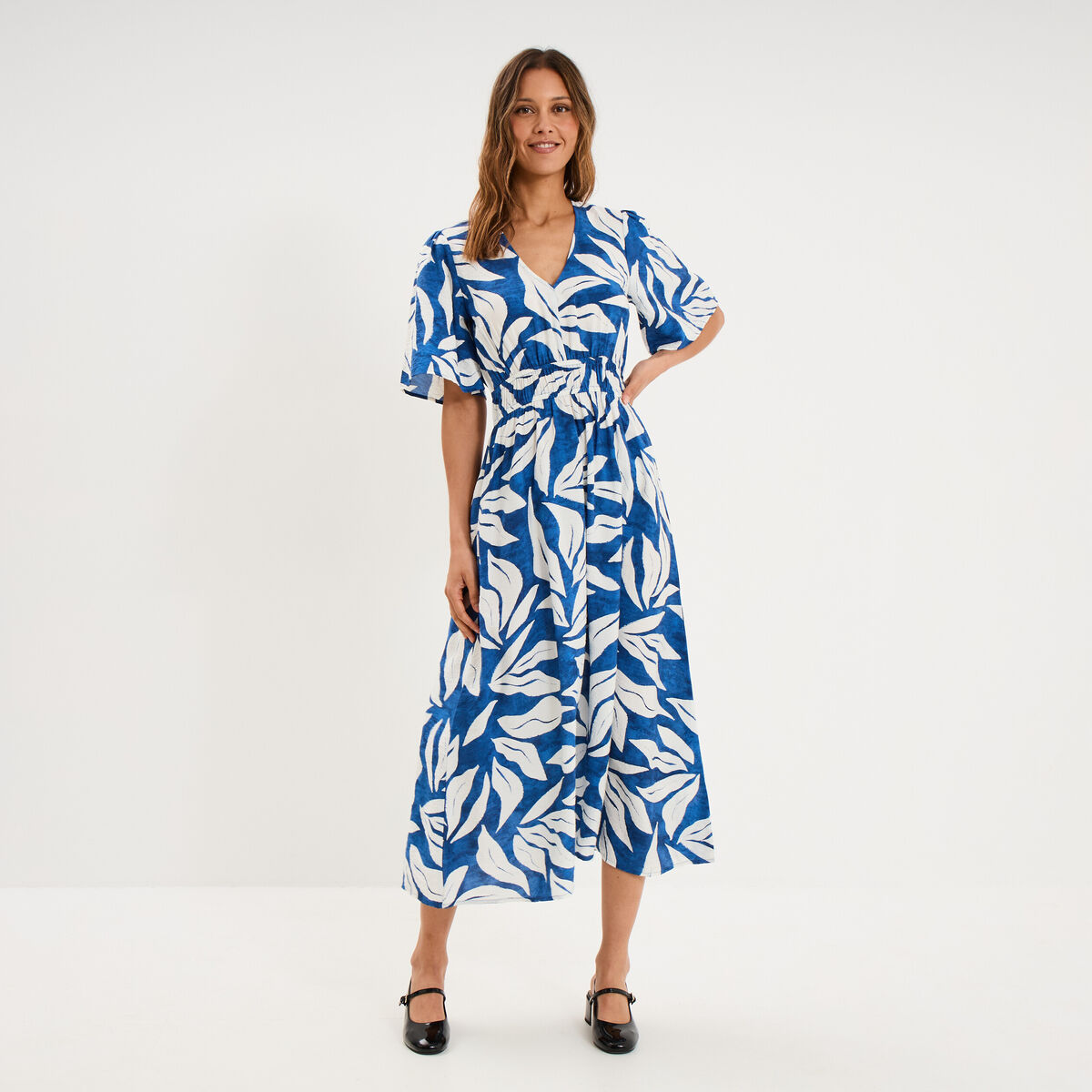 Robe longue col V taille &eacute;lastiqu&eacute;e bleu marine femme