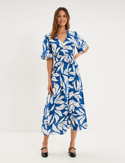 Robe longue col V taille &eacute;lastiqu&eacute;e bleu marine femme