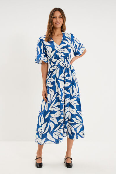 Robe longue col V taille &eacute;lastiqu&eacute;e bleu marine femme