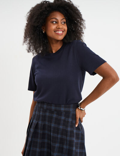 T-shirt col rond manches courtes coton bleu fonc&eacute; femme