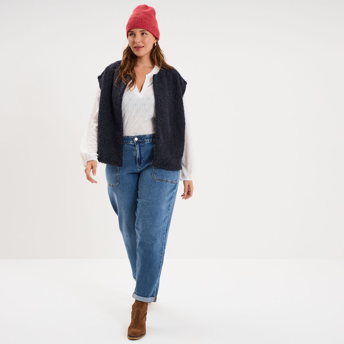 Veste droite sans manches bouclette bleu marine femme grande taille