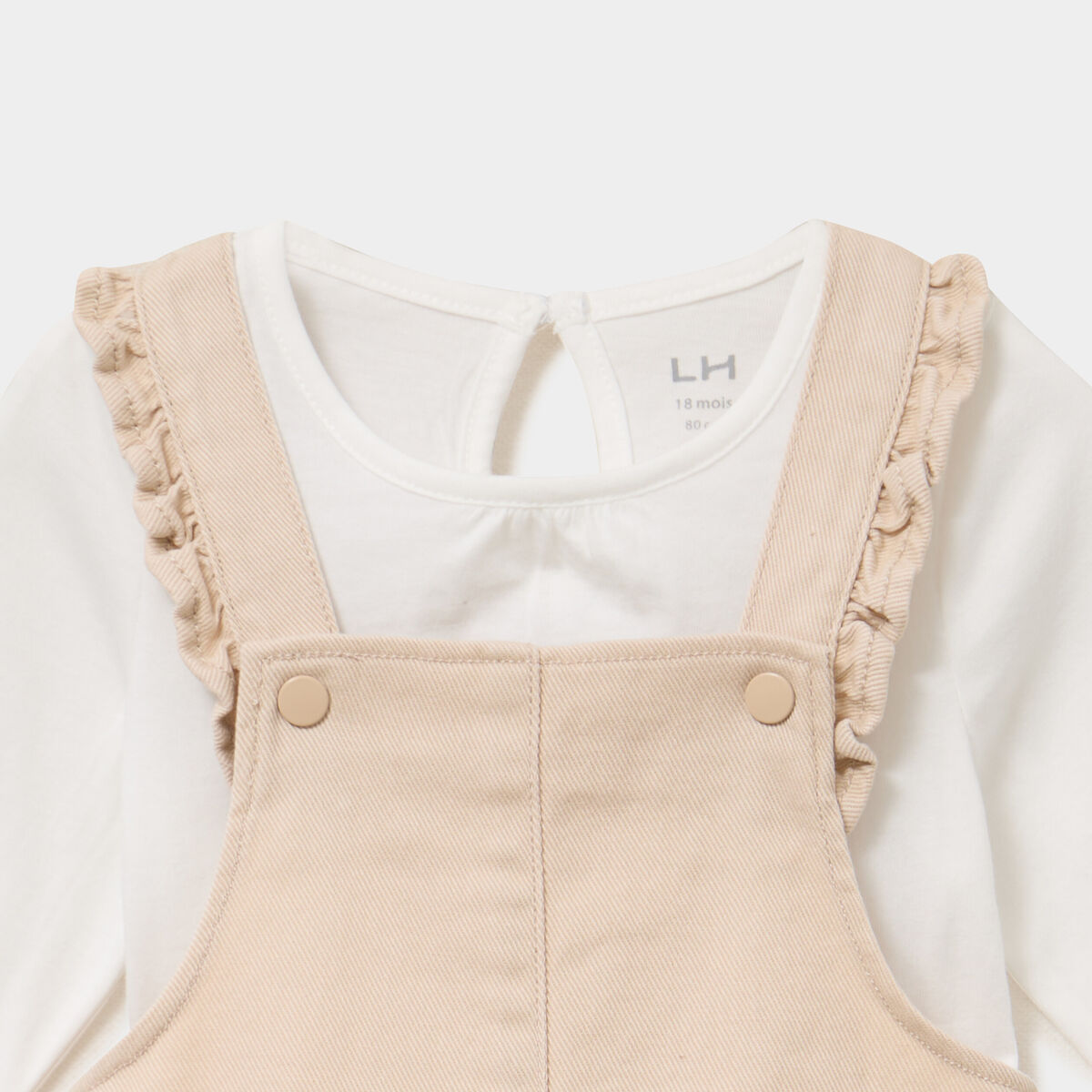 Ensemble 3 pi&egrave;ces avec robe salopette beige b&eacute;b&eacute; fille