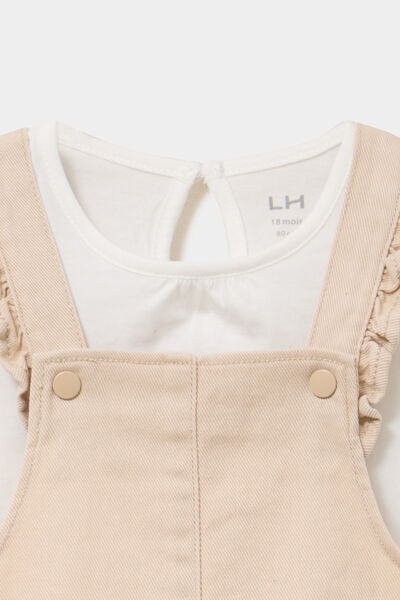 Ensemble 3 pi&egrave;ces avec robe salopette beige b&eacute;b&eacute; fille