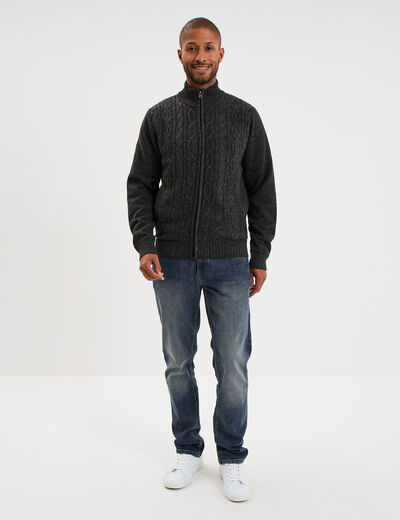 Gilet &agrave; torsades et col montant gris fonc&eacute; homme