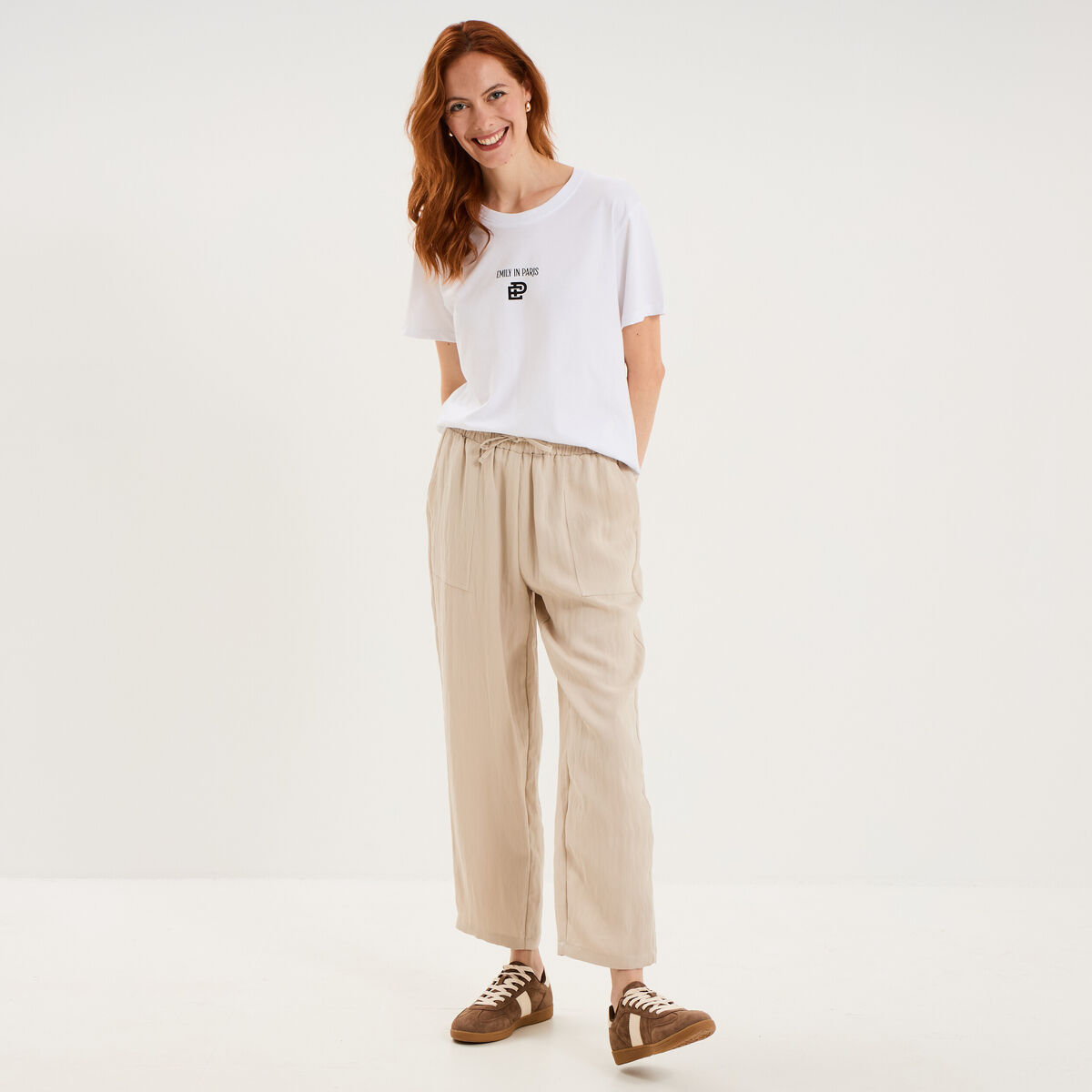 T-shirt col rond coton Emily in Paris blanc femme