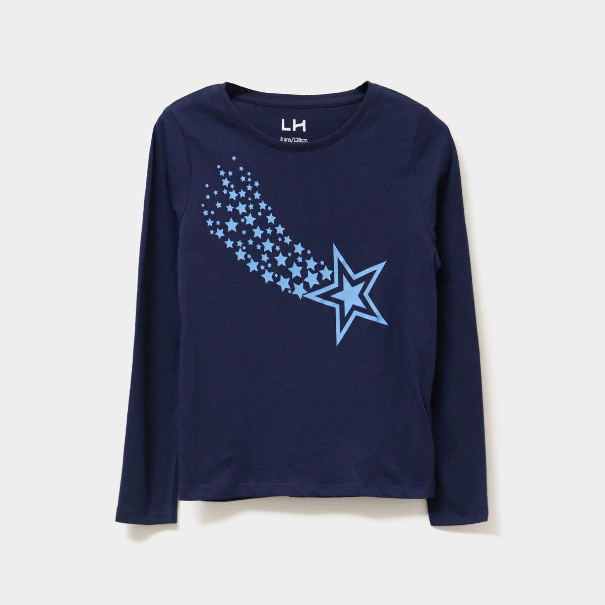 T-shirt col rond manches longues coton bleu marine fille