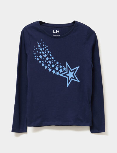 T-shirt col rond manches longues coton bleu marine fille