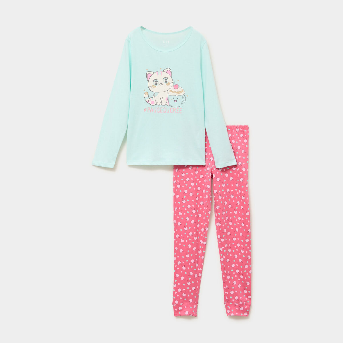 Ensemble pyjama pantalon coton bleu turquoise fille