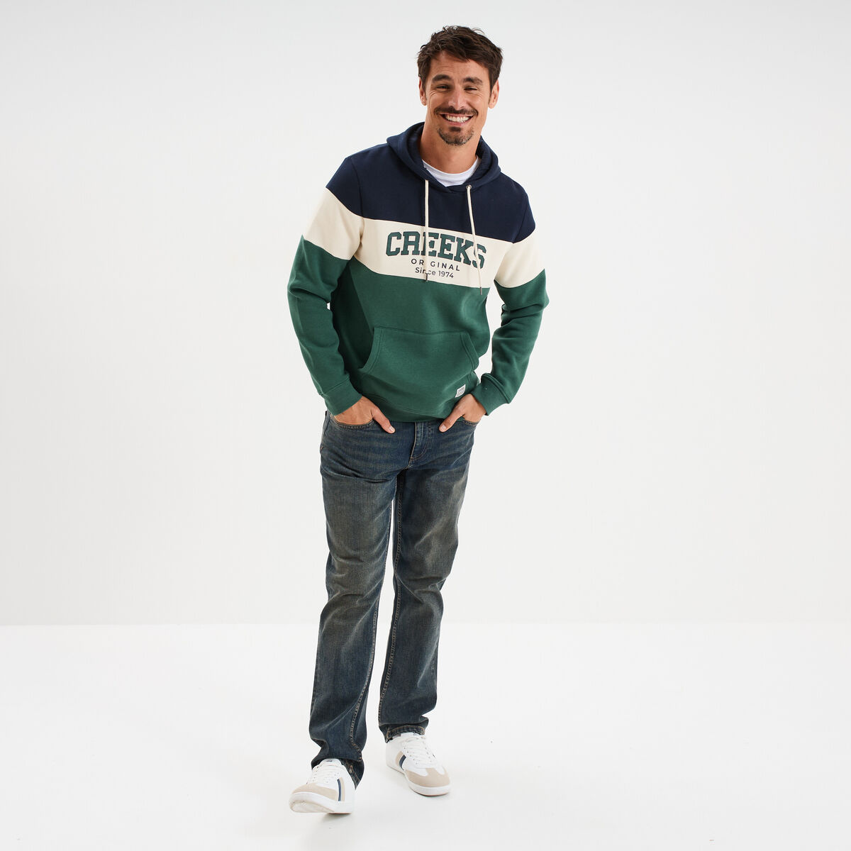 Sweat hoodie manches longues à capuche vert canard homme