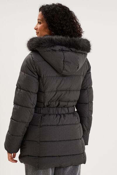 Doudoune mi-longue ceintur&eacute;e &agrave; capuche gris clair femme