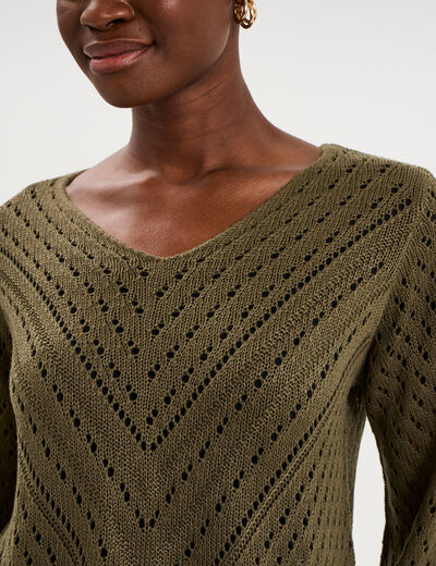 Pull ajour&eacute; col en V manches longues taupe femme