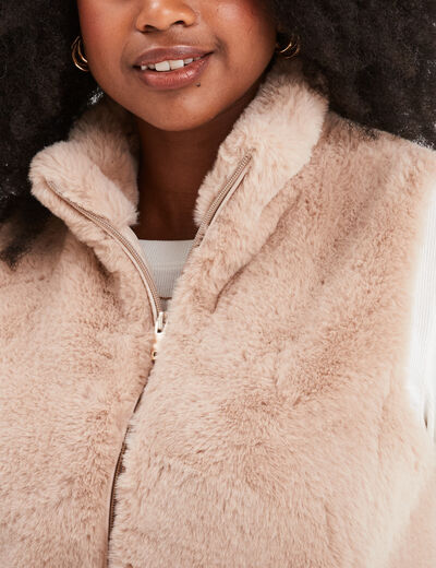 Veste fausse fourrure sans manches beige femme