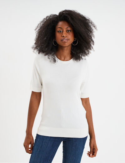 Pull manches courtes col rond blanc femme
