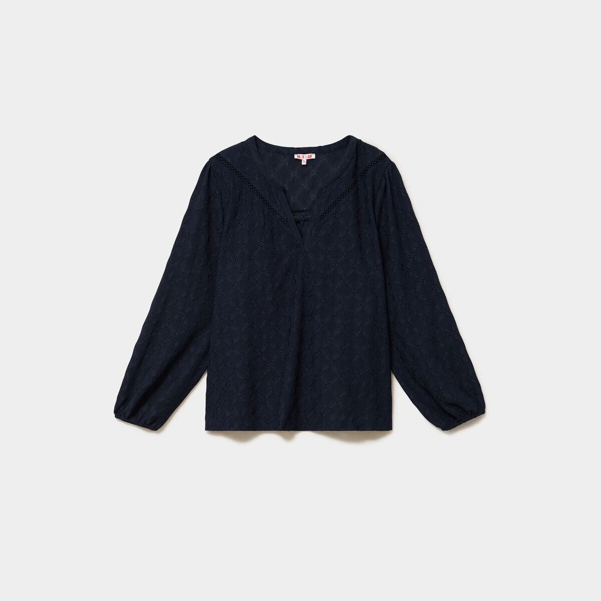 Blouse ajour&eacute;e manches 3/4 col tunisien bleu fonc&eacute; femme grande taille