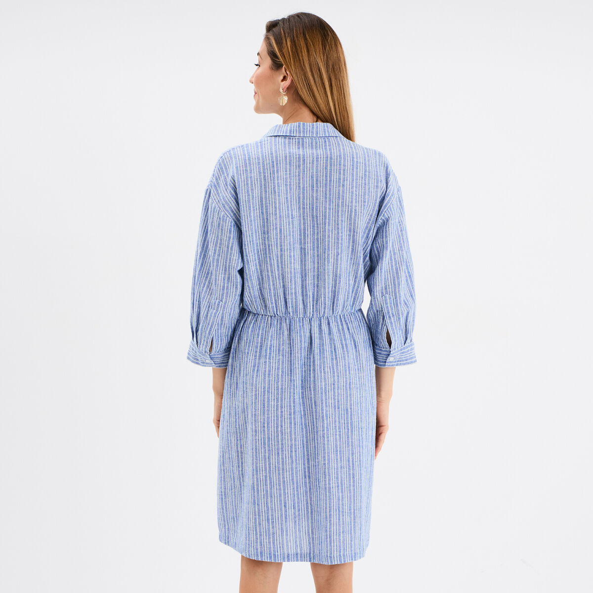 Robe col chemise 2 poches mélange lin bleu femme