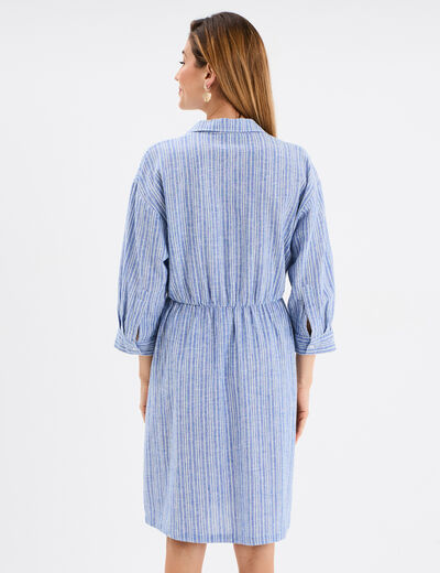 Robe col chemise 2 poches mélange lin bleu femme
