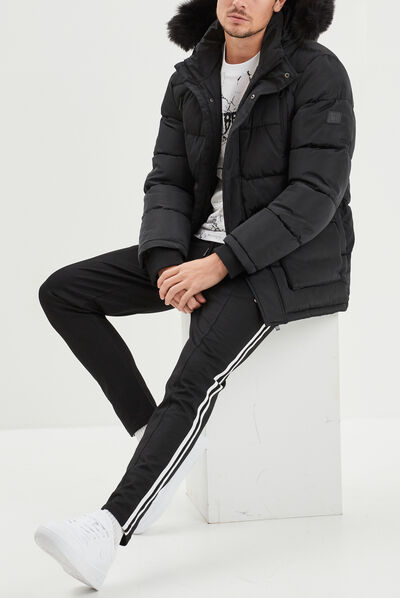 Doudoune à capuche doublure fourrure noir homme