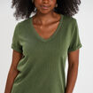 T-shirt col en V manches courtes vert kaki femme