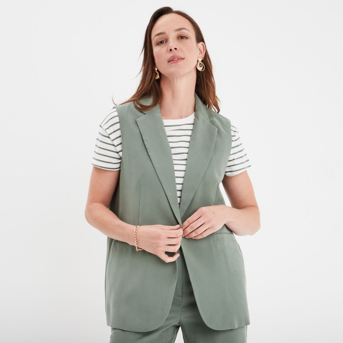 Veste blazer sans manches vert kaki femme