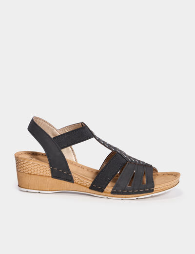 Sandales compensées pied large noir femme