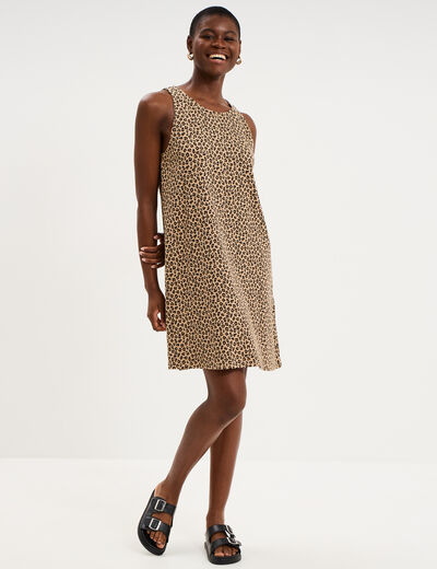 Robe courte sans manches col rond beige femme