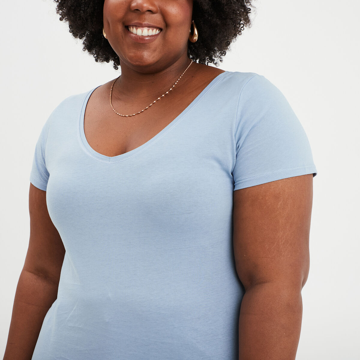 T-shirt col en V manches courtes coton bleu clair femme grande taille