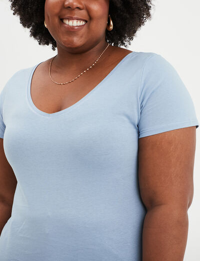T-shirt col en V manches courtes coton bleu clair femme grande taille