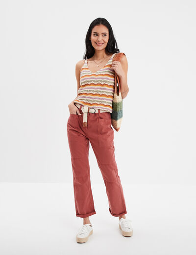Débardeur tricot ajouré col en V blanc femme