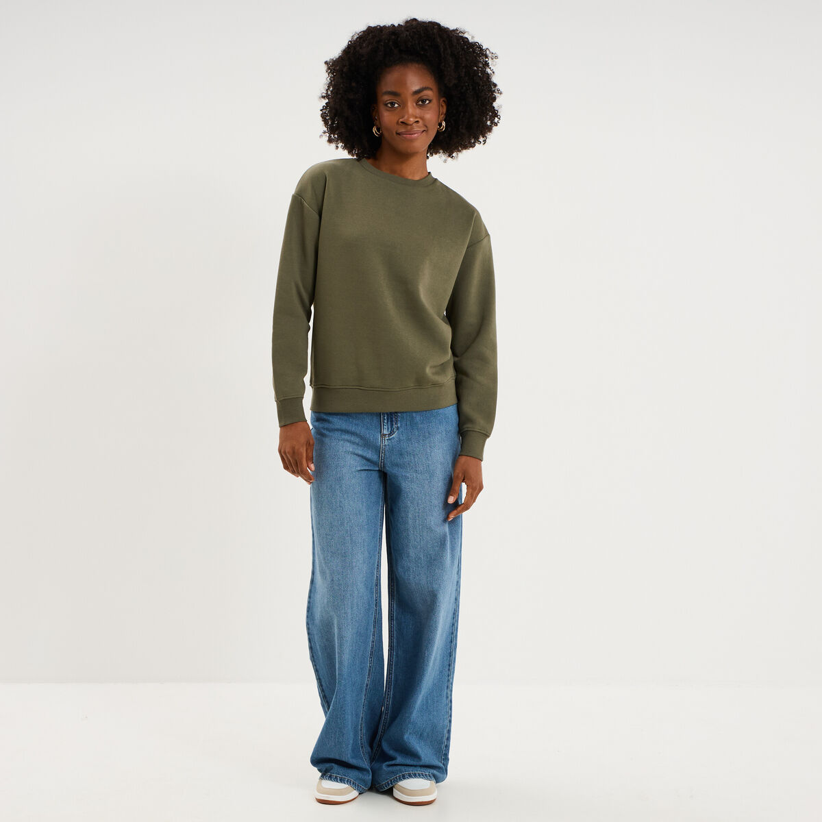 Sweat col rond manches longues vert kaki femme