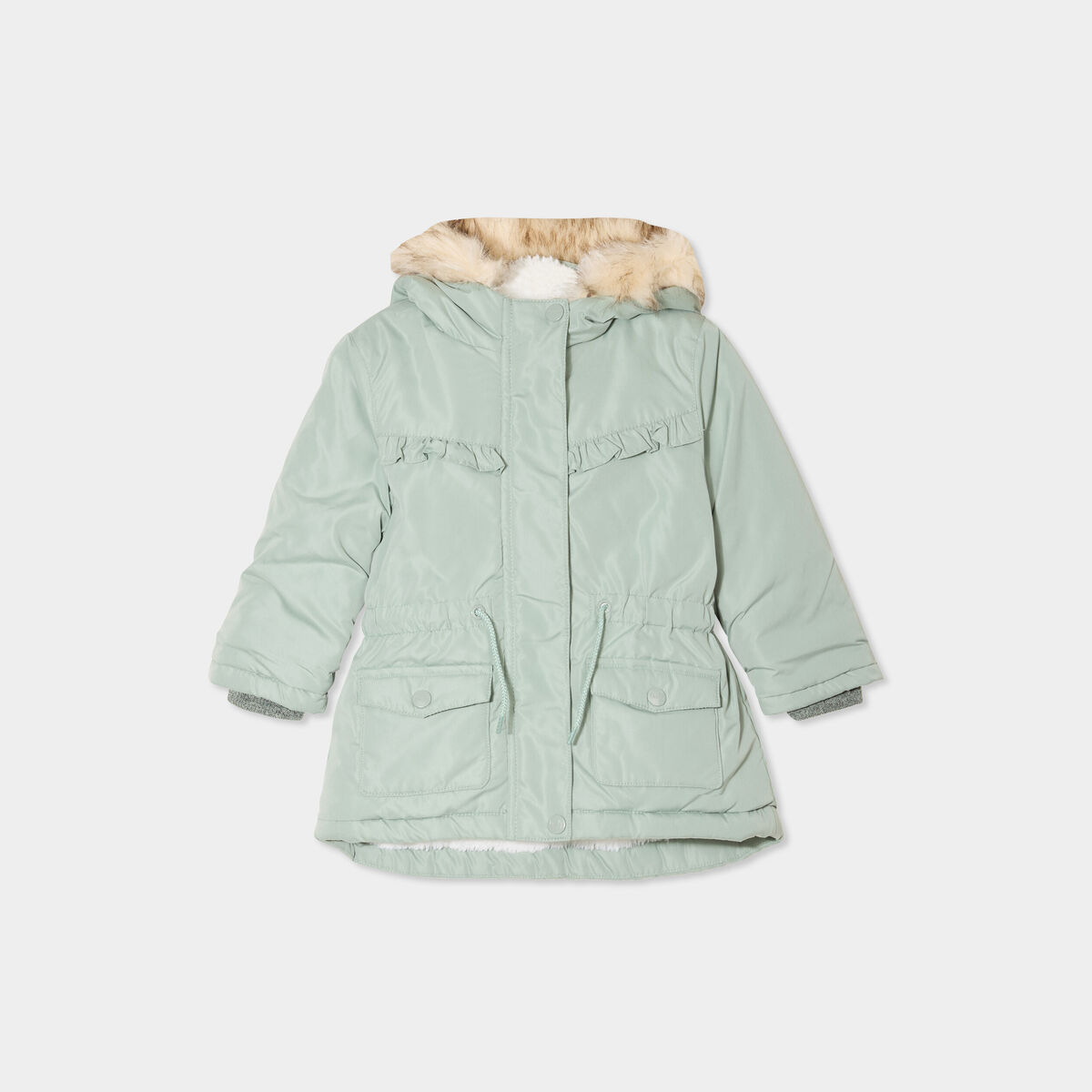 Manteau à capuche fausse fourrure vert kaki bébé fille