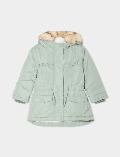 Manteau à capuche fausse fourrure vert kaki bébé fille