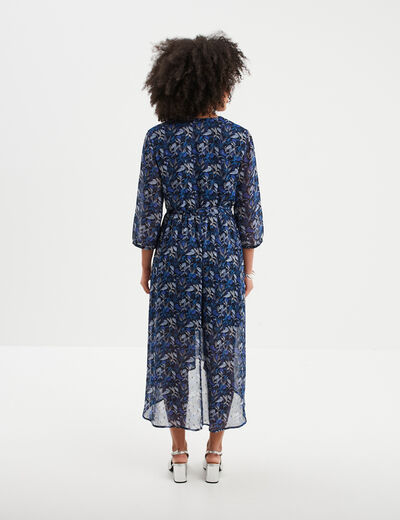 Robe midi col cache-coeur fluide bleu femme