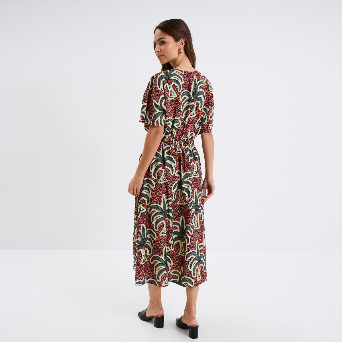 Robe midi cordons noués taille bordeaux femme