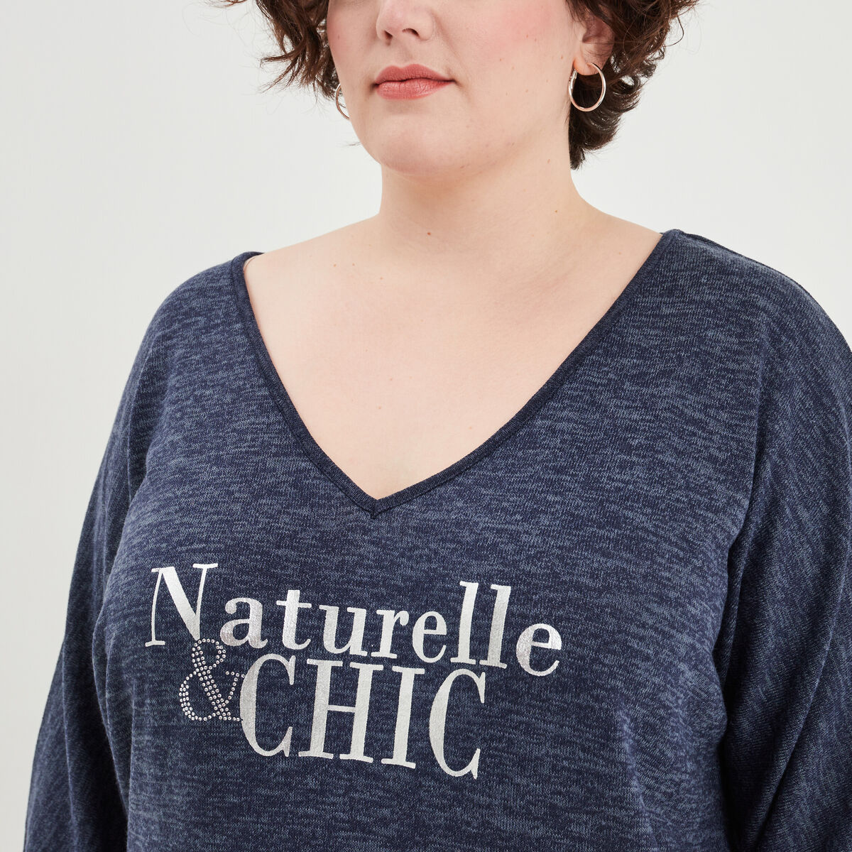 Pull manches 3/4 chauve-souris col V bleu marine femme grande taille