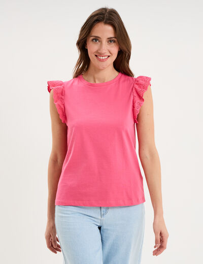D&eacute;bardeur volants broderie anglaise rose fushia femme