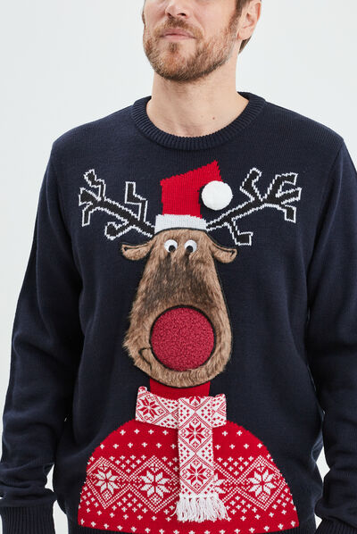 Pull de Noël avec pompon bleu marine homme