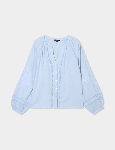 Blouse manches ballons brodées bleu ciel femme