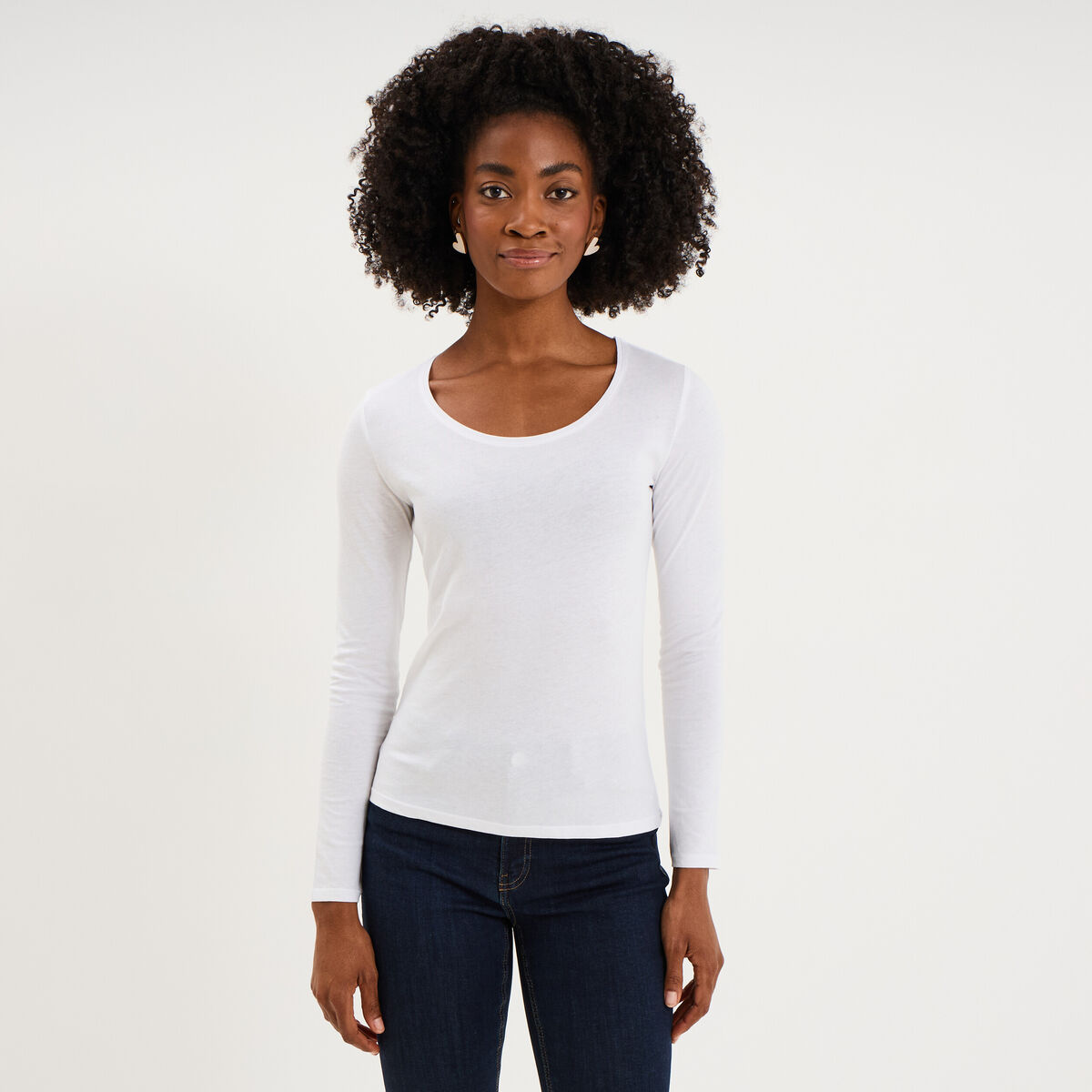 T-shirt coton col rond manches longues blanc femme